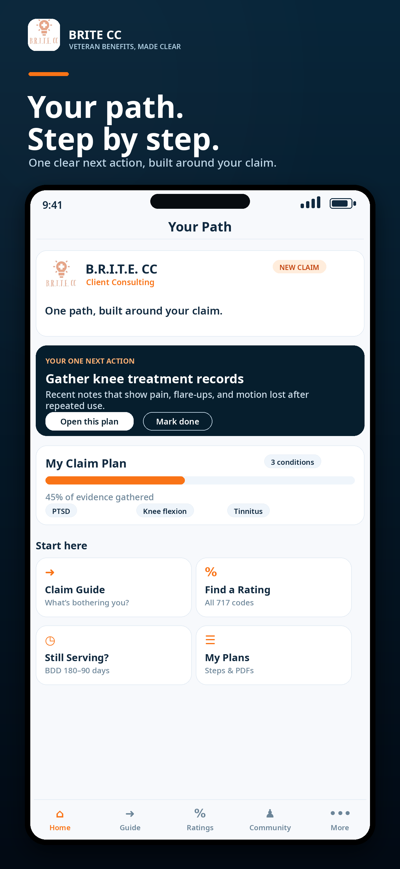 BRITE CC App preview showing Your Path, the veteran’s personal starting point