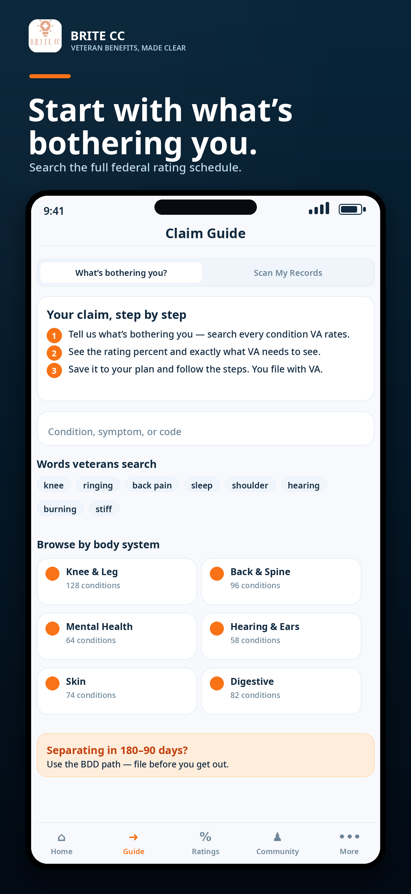 BRITE CC App screen for starting with what is bothering you