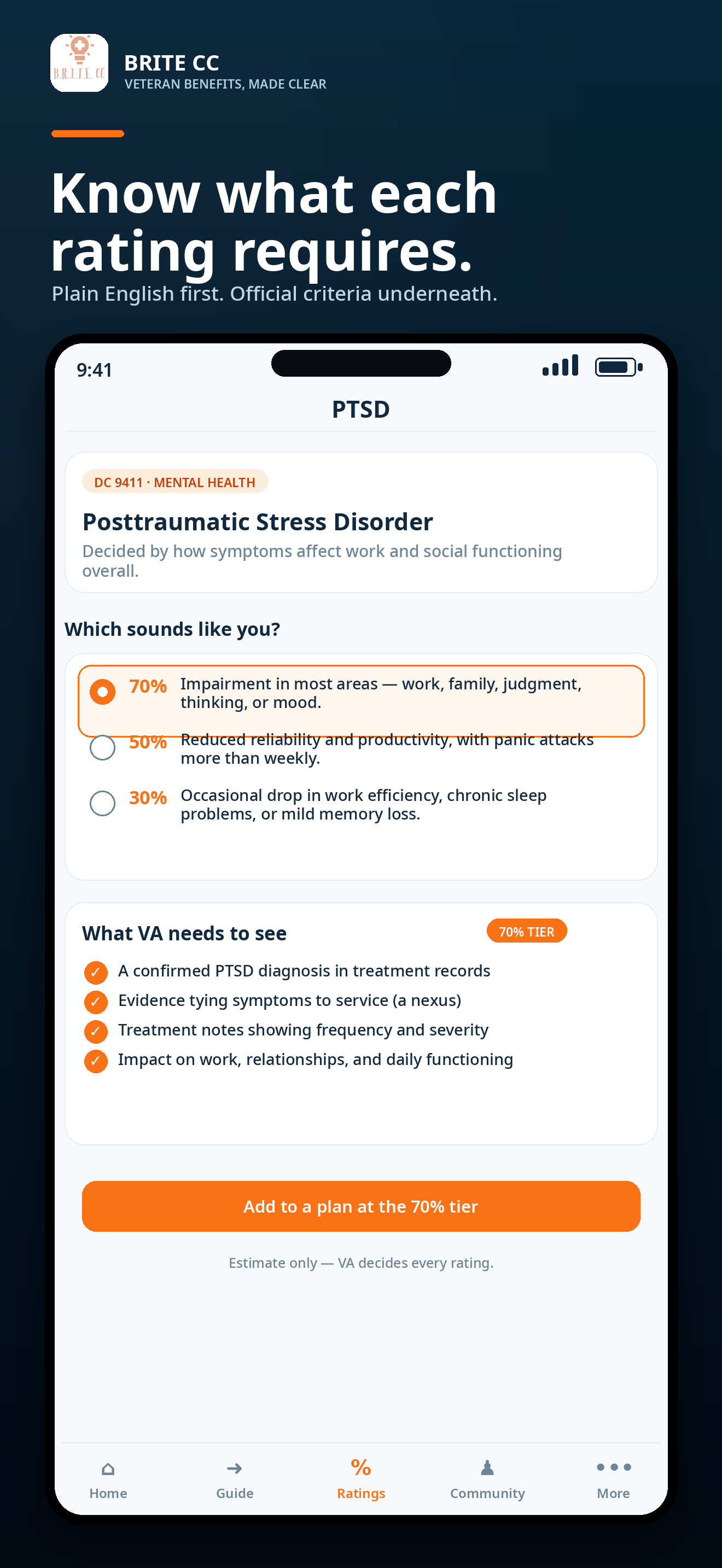 BRITE CC App screen showing rating requirements in plain English
