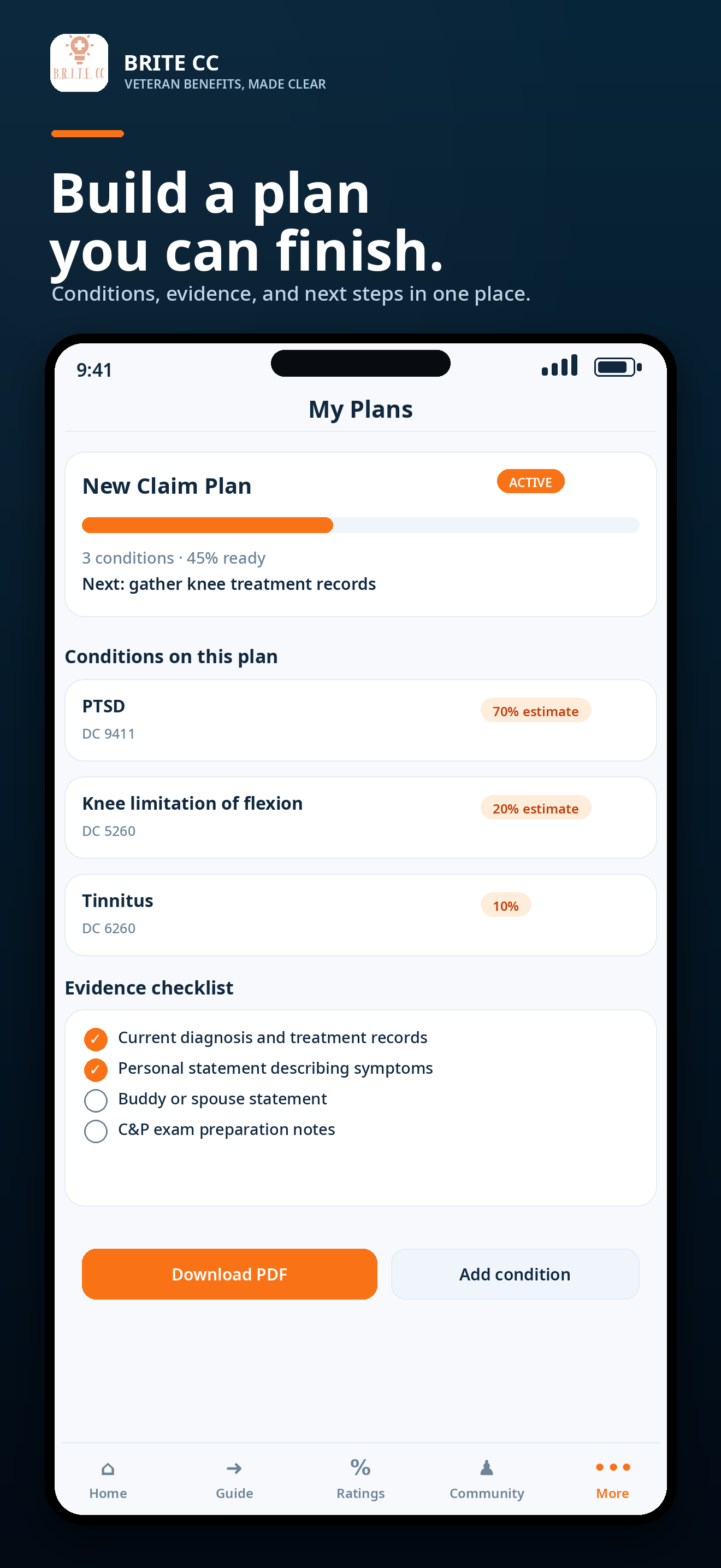 BRITE CC App screen showing saved claim plans