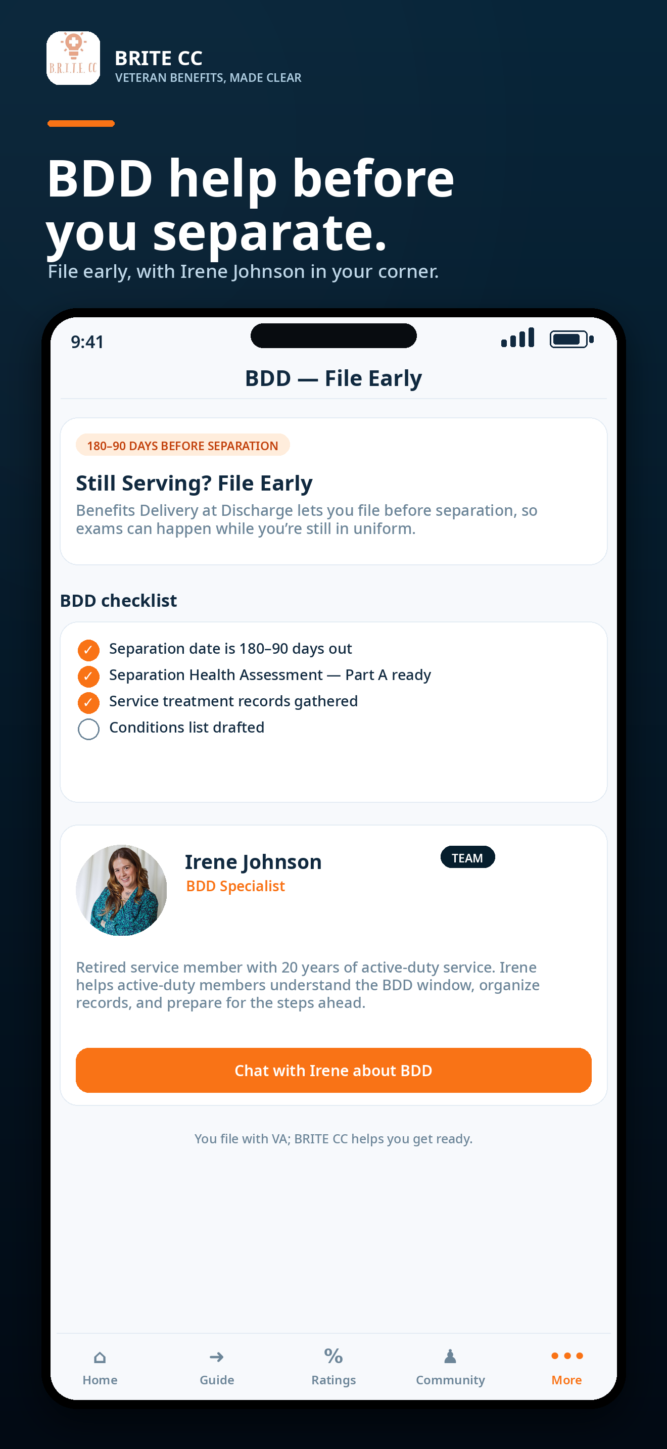 BRITE CC App BDD support screen featuring Irene Johnson
