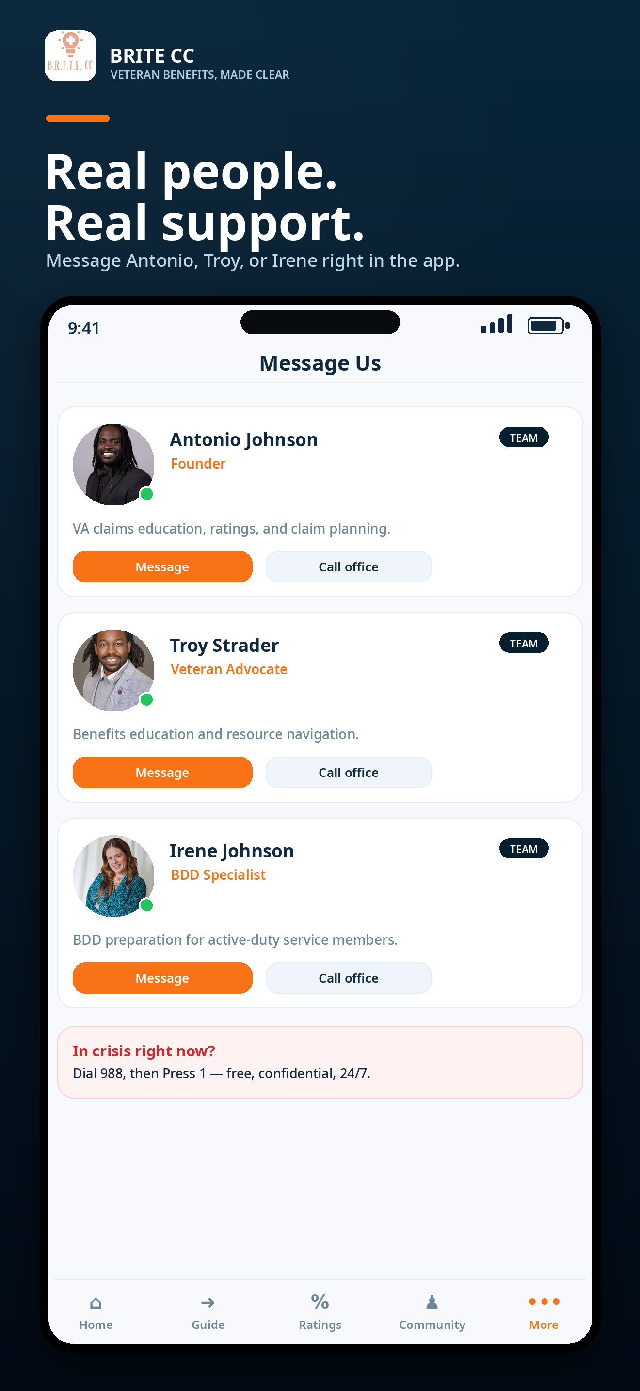 BRITE CC App screen for messaging the BRITE CC team