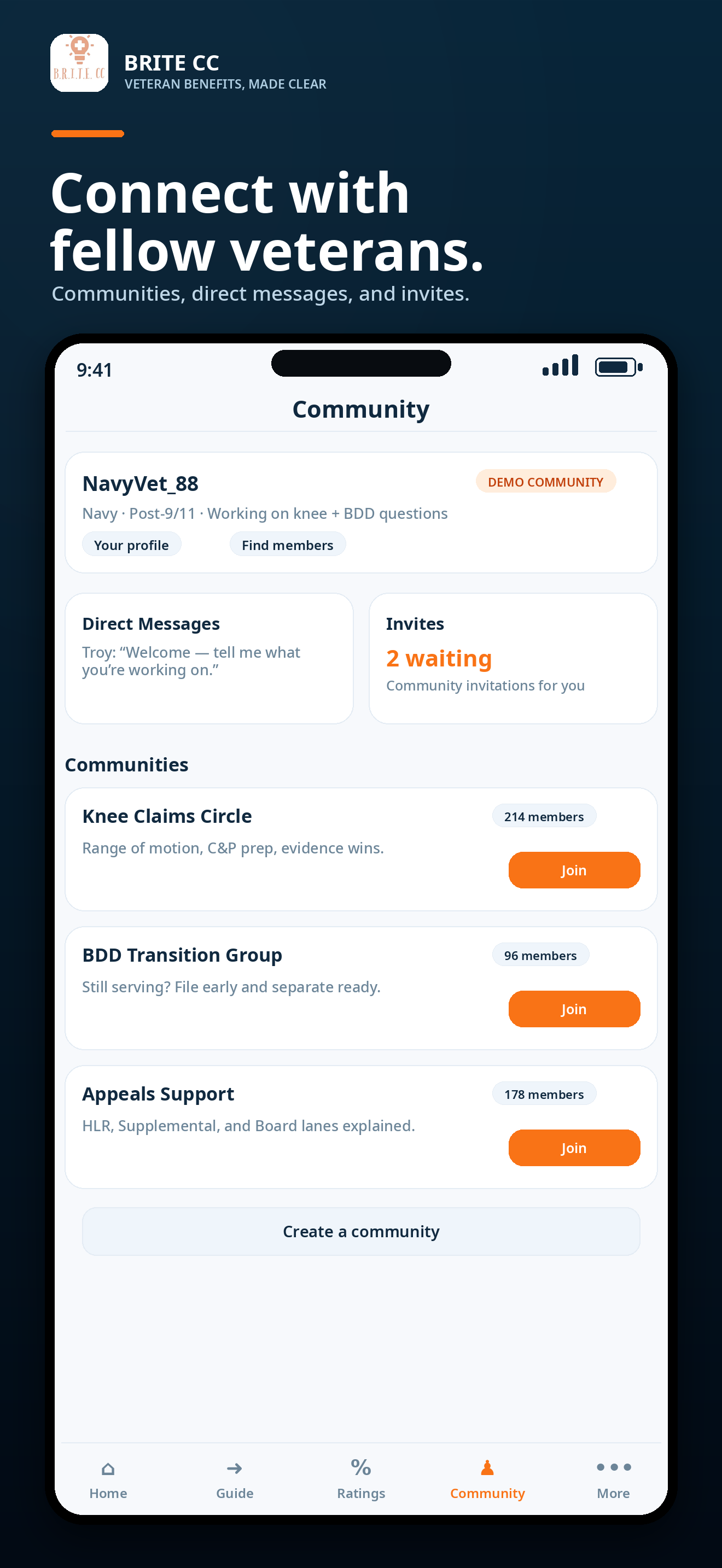 BRITE CC App community preview screen